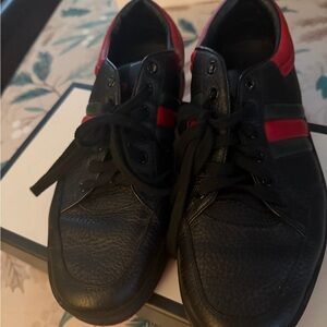 Gucci Black and Red Sneakers with Green Stripes